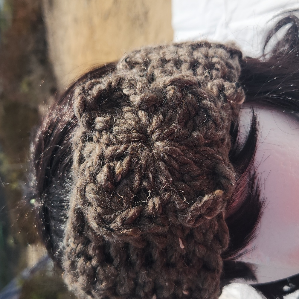 Handmade Chunky Taupe  Crochet Headband Earwarmer with Flower